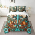 thumbnail image 2 of Manfei Hippie Cowgirl Boot Bedding Comforter Set 7pcs for Teen, Brown Cyan Cross Queen Bedding Sets, Vintage Western Theme Reversible Queen Sheet Sets, Microfiber Bedroom Decor, 2 of 7