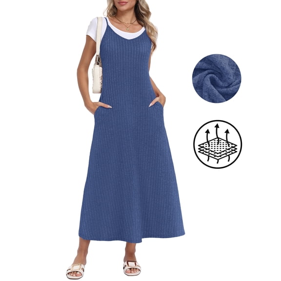 Asklazy Women's Casual Flowy Maxi Dress,V Neck Adjustable Spaghetti Strap Long Dress with Pockets,US Size,Blue,L