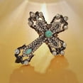thumbnail image 4 of Victorian Vintage Turquoise Accent Silver Metal Filigree Cross Brooch Pin Religious Jewelry, 4 of 8