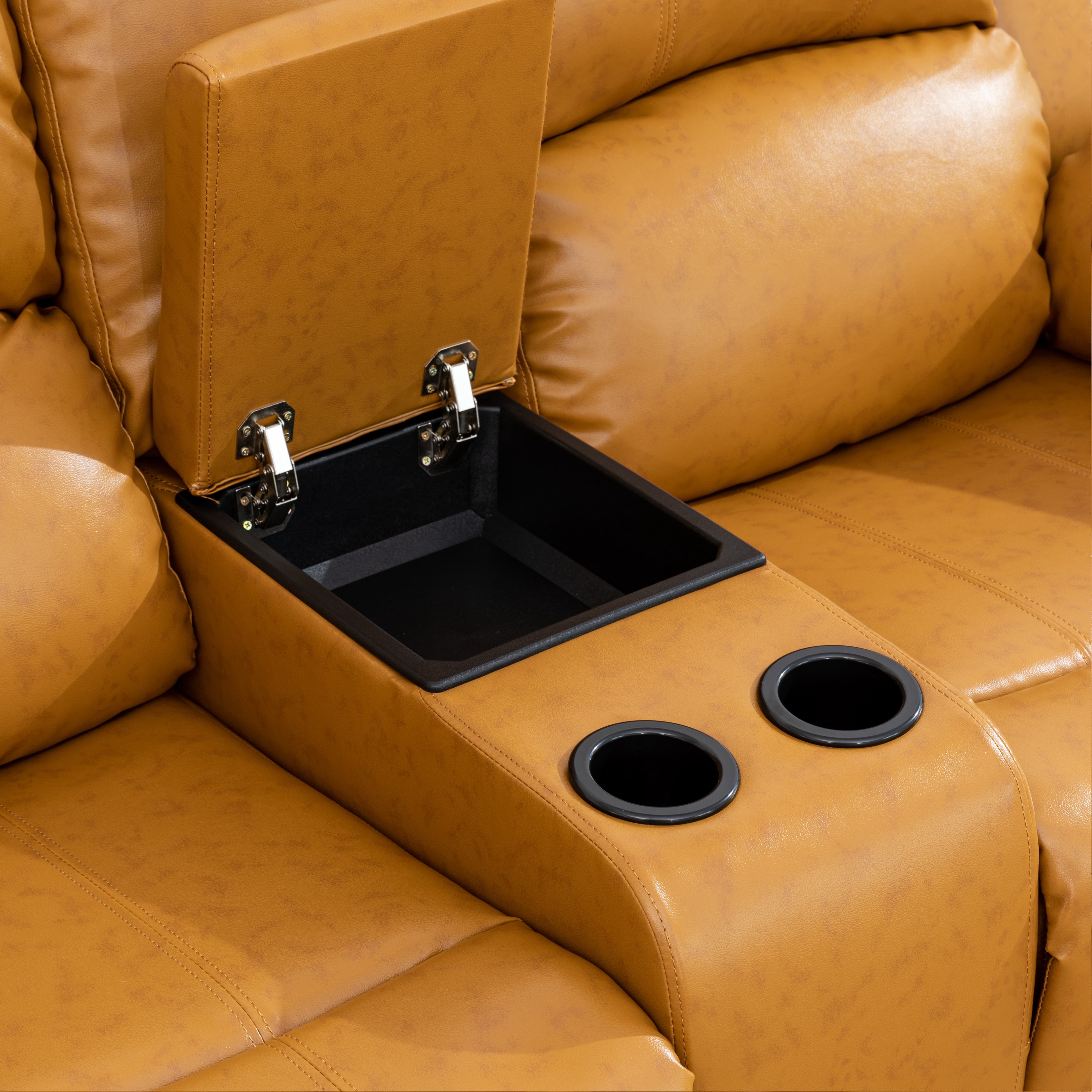 MAYEERTY Reclining Loveseat, 2-Seat Wear-Resistant Fabric Recliner with Storage & Cup Holders for Living Room, Ginger