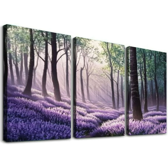 Lavender Canvas Wall Art Purple Floral in Forests Pictures Prints Large Flower Field Scenery Wall Decor for Living Room