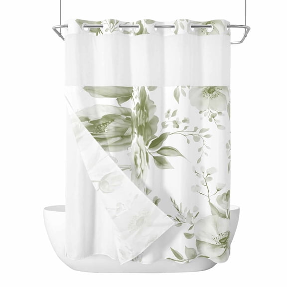 Sage Green Flower No Hook Shower Curtain Waterproof, Bathroom Curtains with Snap in Liners and See Through Top Window, Watercolor Gradient Retro Floral Hotel Style Bathtub Curtains Shower 48"Wx72"L