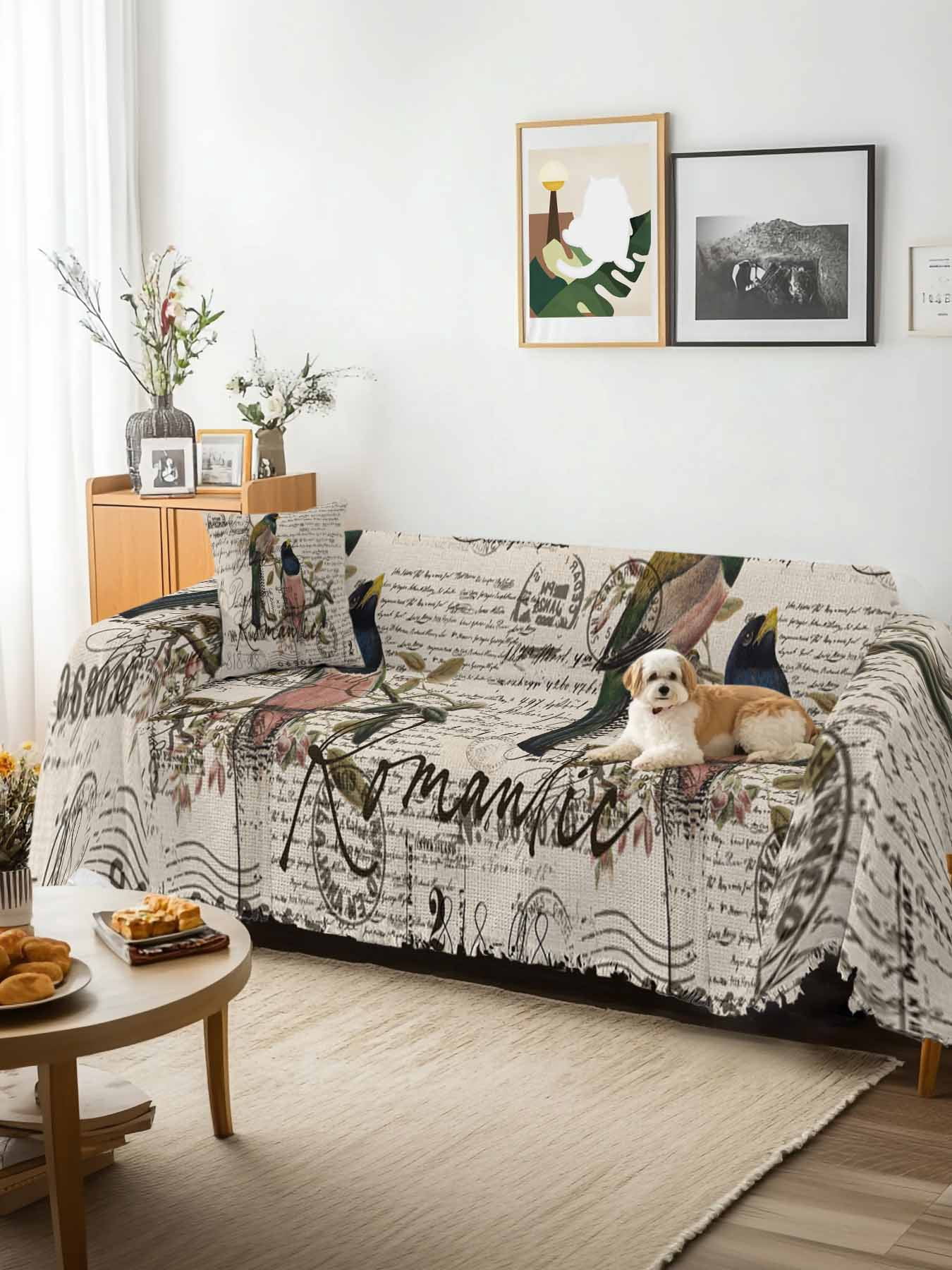 Vintage Birds Couch Cover Sofa Covers 3 Cushion Sectional Couch, Country Envelope Postmark Farmhouse Botancial Washable Sofa Covers Slipcover Sectional Sofa Cover, Furniture Protector 71"x150"