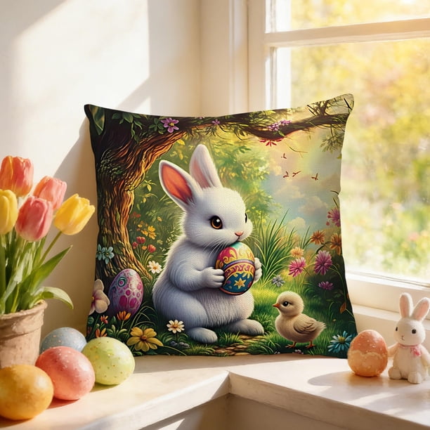 Hogar y cocina, Ropa de cama, Almohadas, Funda de cojín de Pascua, Conejos, Huevo de Pascua, Floral, Sofá, Funda de cojín decorativa, Funda de almohada decorativa navideña, Funda de almohada de polié