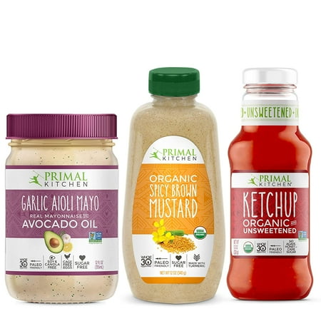 Primal Kitchen Condiment Dipping Kit - Contains Avocado Oil Garlic Aioli Mayo, Organic Unsweetneed Ketchup, and Organic Spicy Brown Mustard, Whole 30 Approved - 3 Bottles