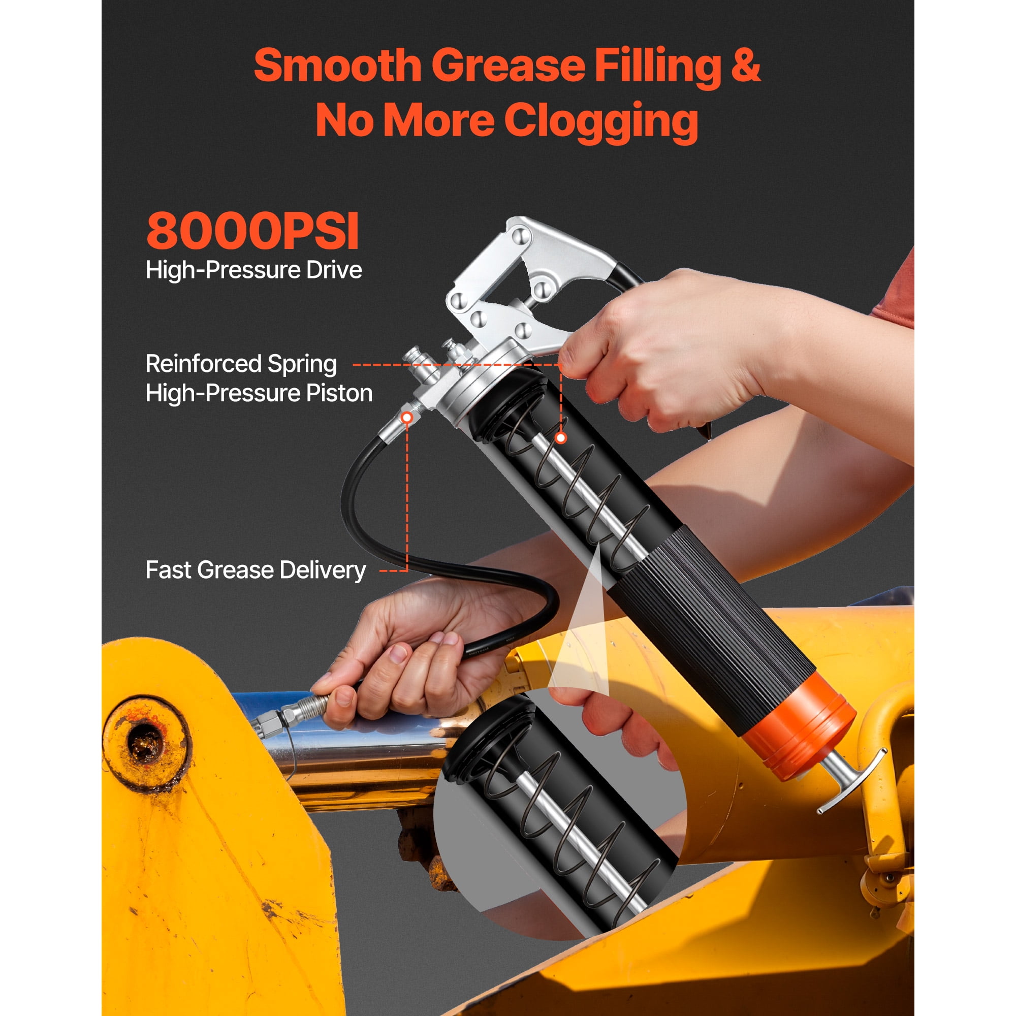 KFFKFF Pistol Grip Grease Gun Kit, 8000 PSI, 14 oz Capacity, Includes 18-Inch Flexible Hose, Dual Handle Coupler, Rigid Extension Pipe & Sharp Nozzle for Automotive and Marine Use