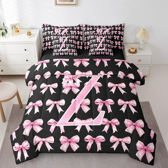 Erosebridal Monogrammed Z Bed in a Bag Twin Size,Cute Bowknot Bed Set,Pink Black Bedding Twin Size,Microfiber Room Decorative Reversible,7 Pieces