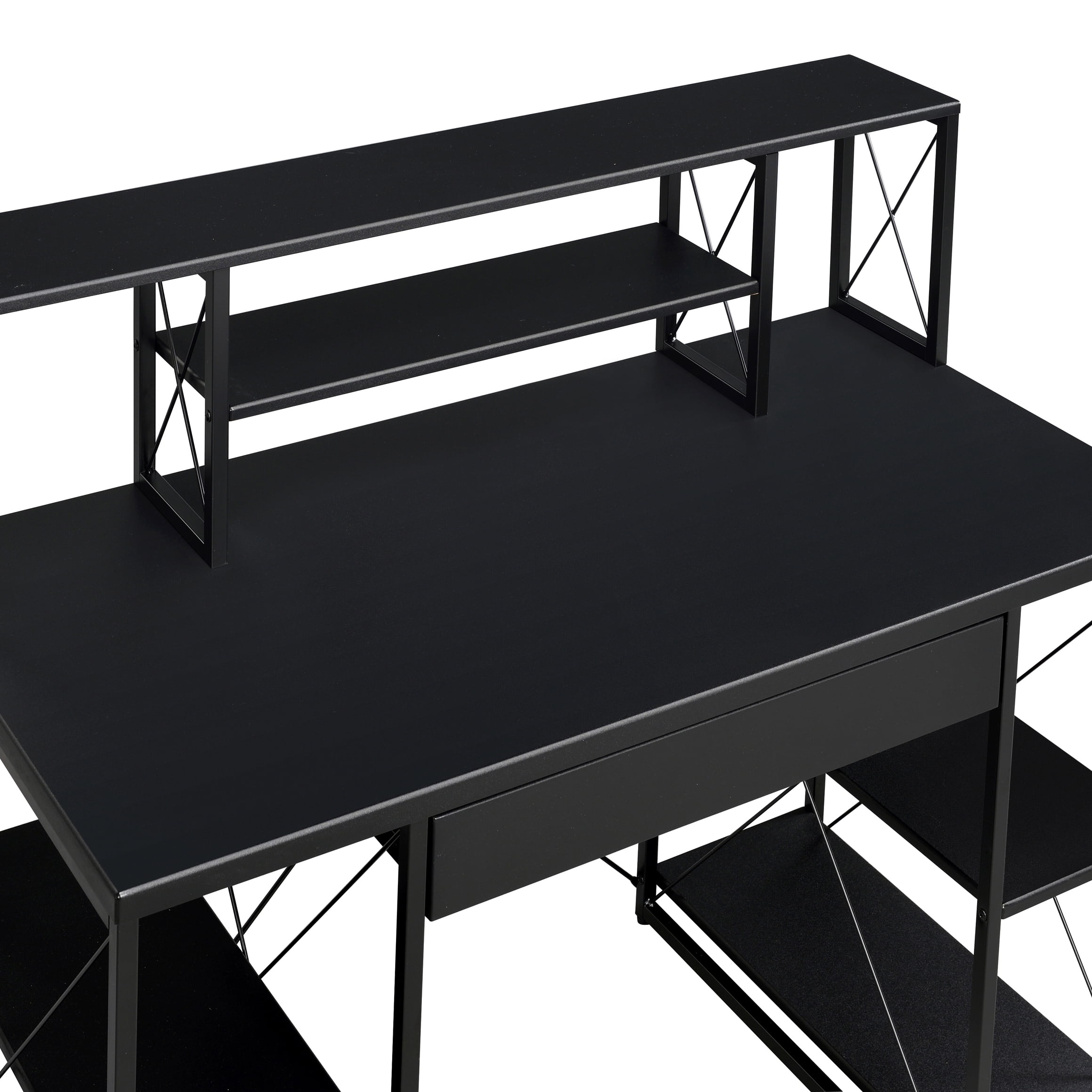 Astoutdoor Black Office Desk with Open Shelves and Hutch