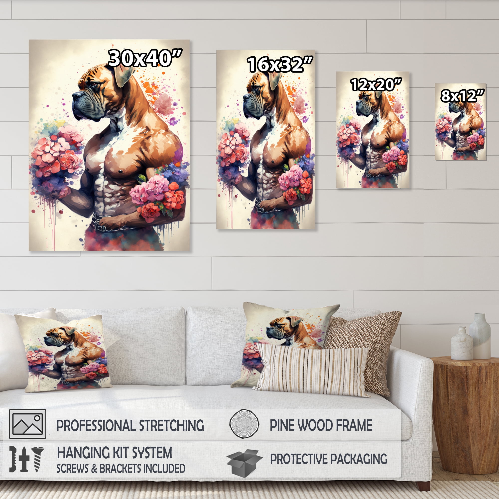 Designart Cute Boxers Floral Art Canvas Wall Art