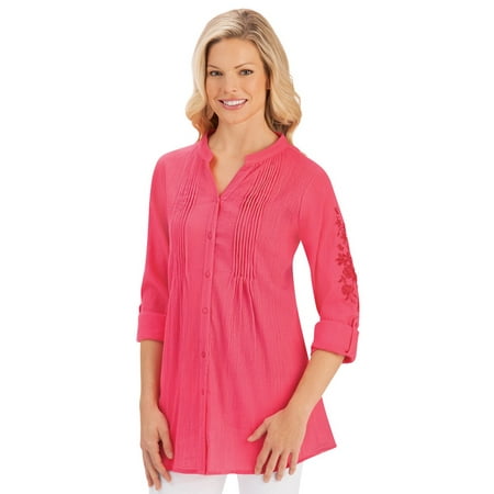 - Women's Cotton Gauze Tunic Top w/ Floral Embroidered Sleeves, Large, Strawberry