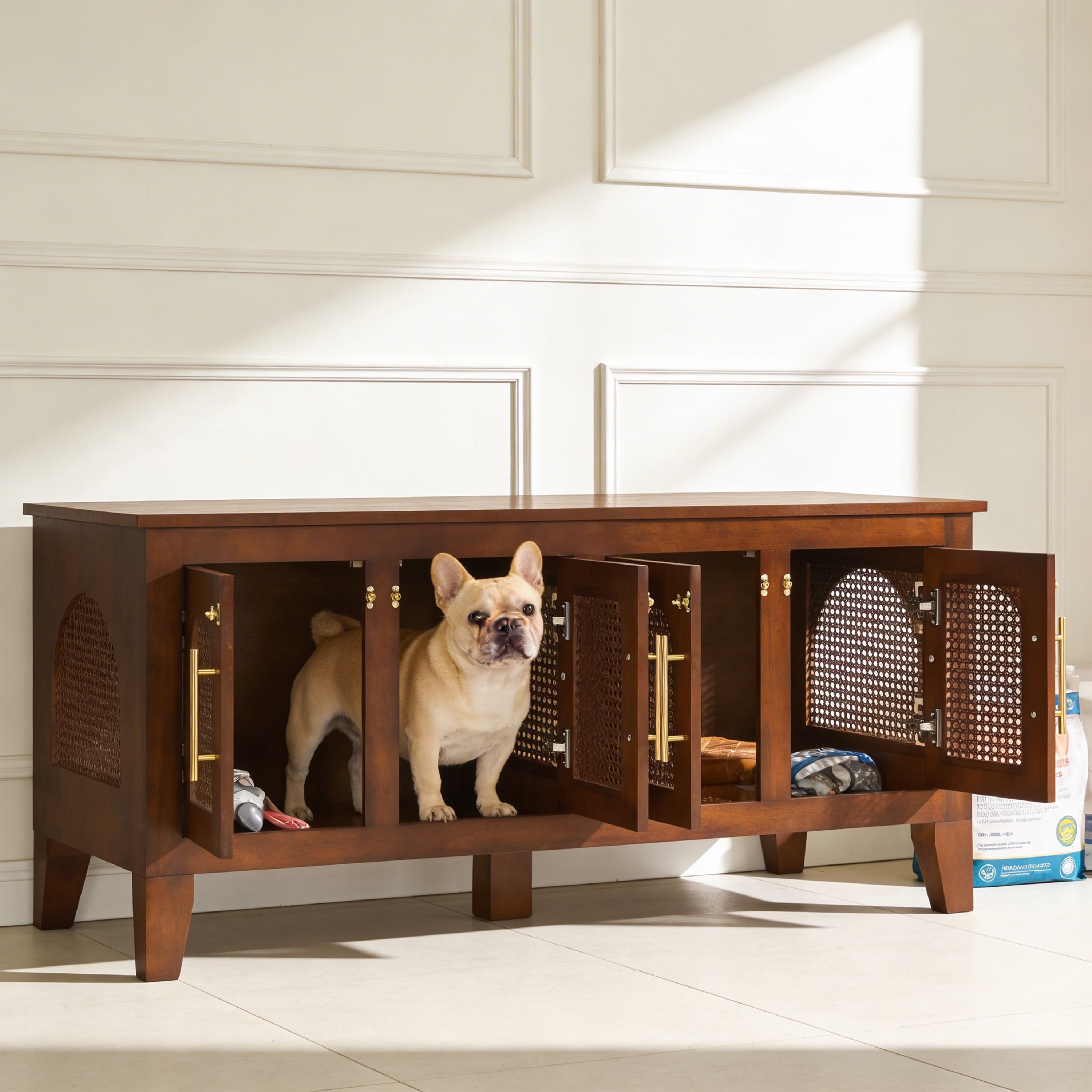 Indoor Rattan Decorated Rubber Wood Dog Crate Cabinet Furniture, Stylish Pet Kennel with 4 Doors for Living Room