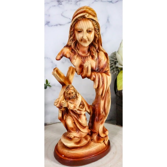 Ebros Dolorosa Mother Mary Praying For Jesus Carrying Cross Woodlike Figurine