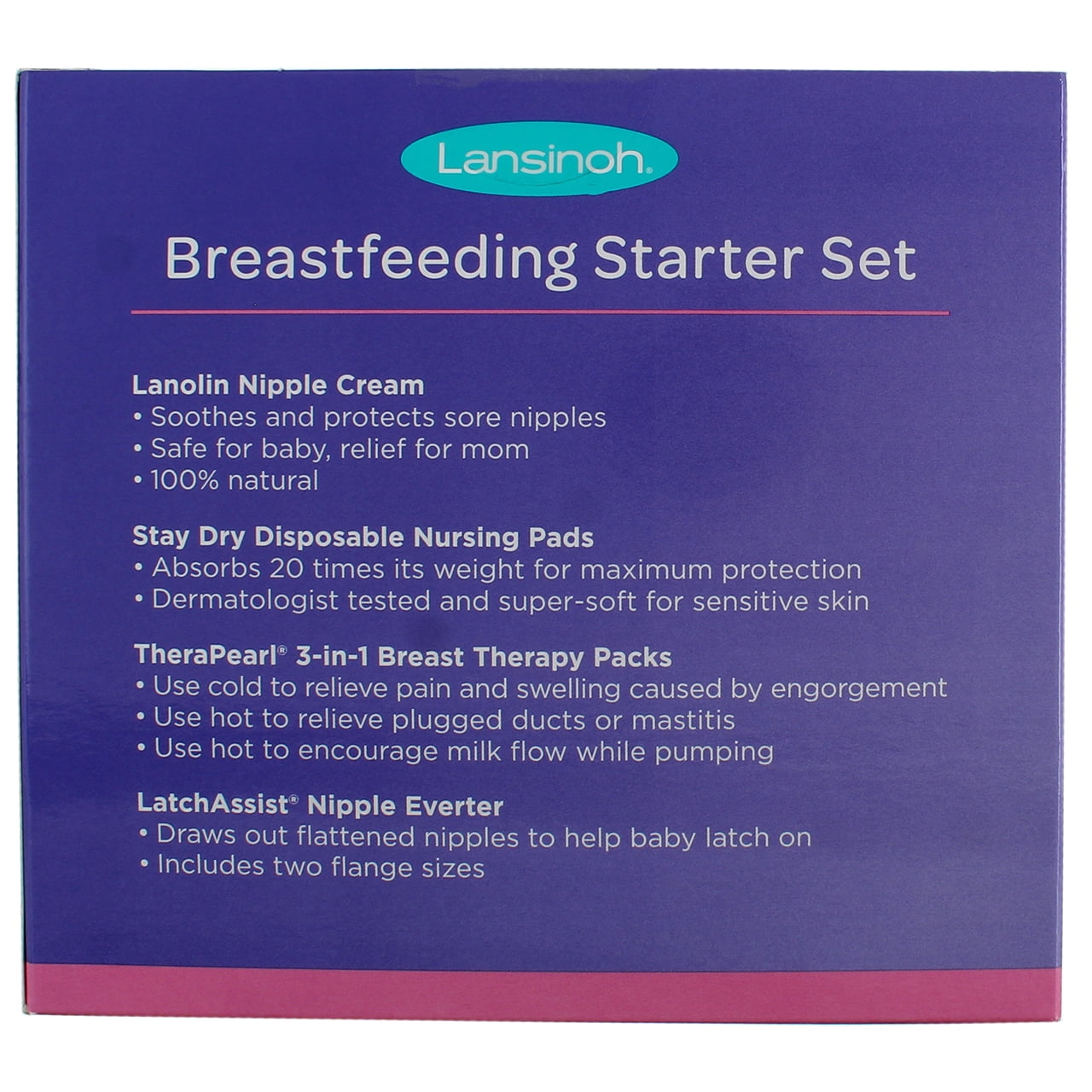 Lansinoh Breastfeeding Starter Set, Contains: 24 disposable Nursing Pads, 1  LatchAssist Nipple Everter, 2 TheraPearl Packs, 1 Lanolin Nipple Cream Tube  0.25 oz. 
