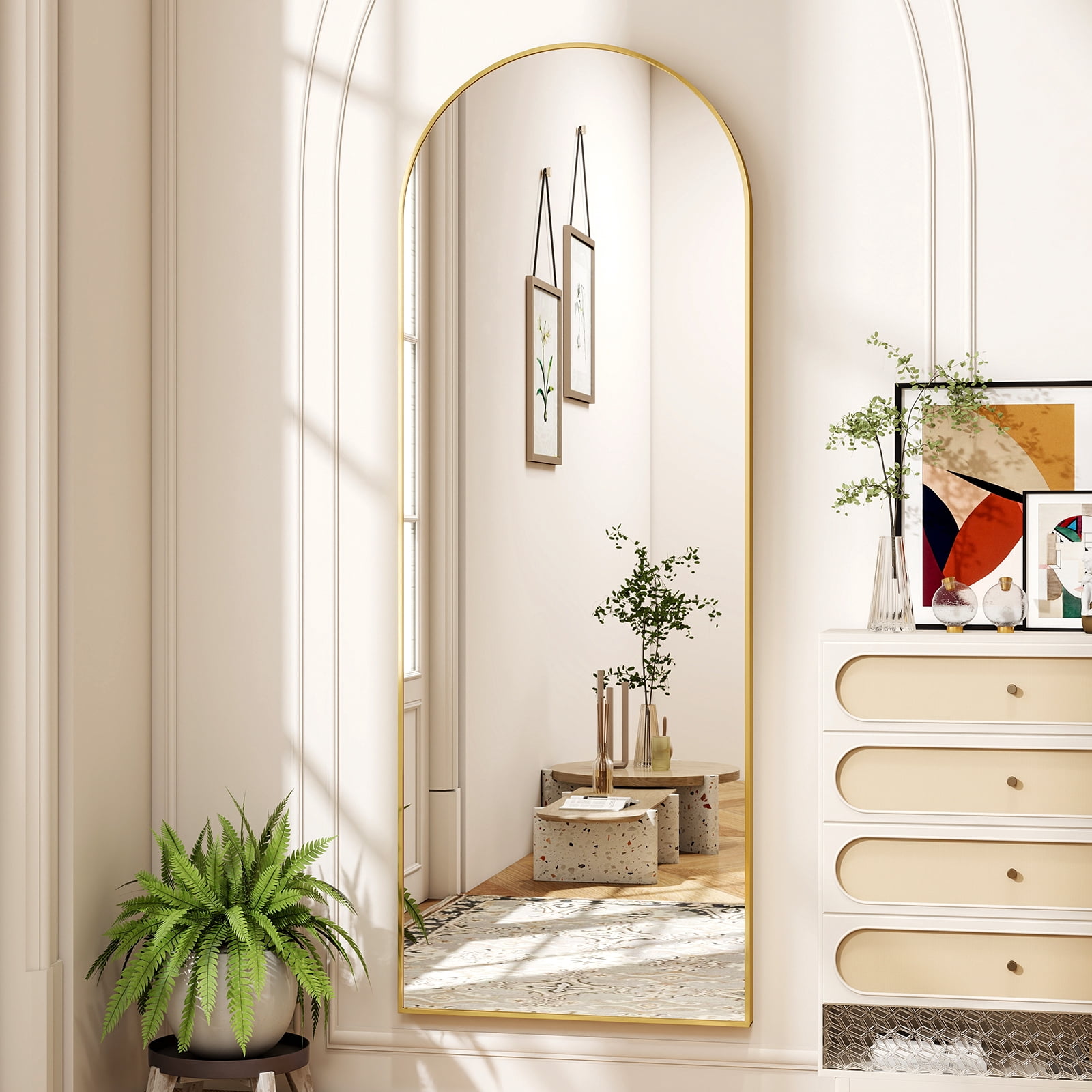 AUROMIR 59"x16" Arched Full Length Mirror Floor Mirror Full Body Standing Mirror, Gold