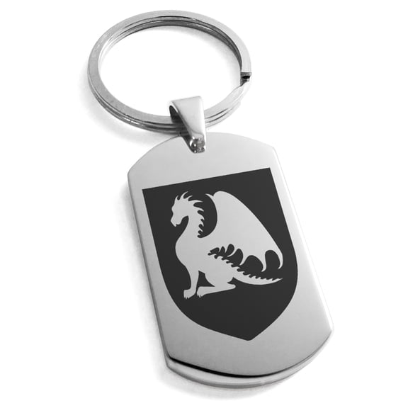 Stainless Steel Dragon Guardian Coat of Arms Shield Engraved Dog Tag Keychain Keyring