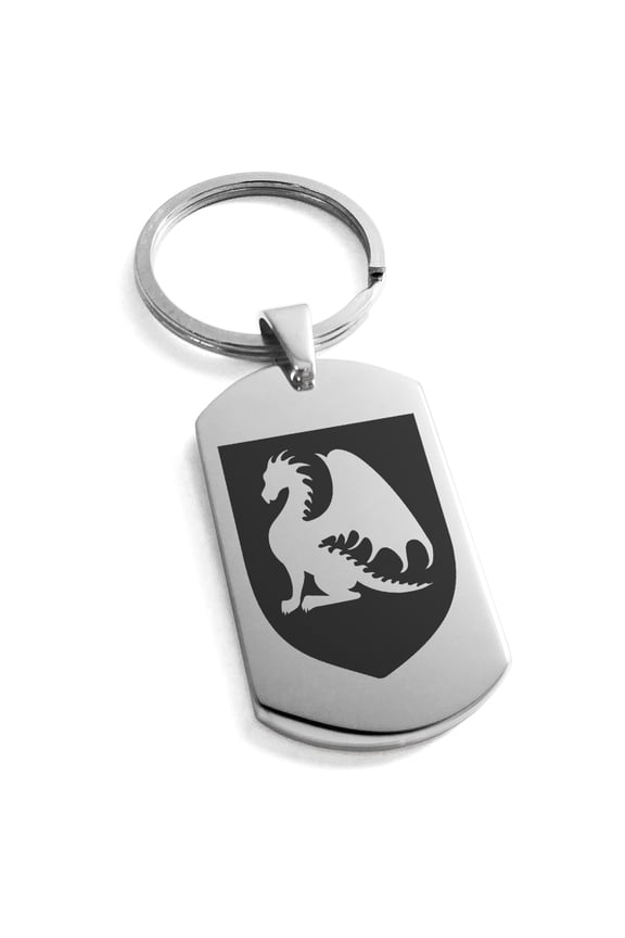 Stainless Steel Dragon Guardian Coat of Arms Shield Engraved Dog Tag Keychain Keyring