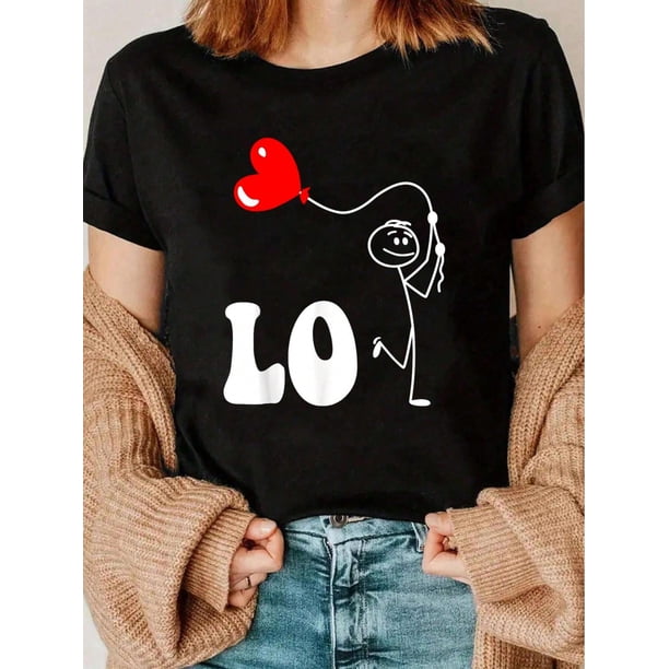 Lo Ve Love Heart Happy Valentine's Day Couples Matching T-Shirt Print Crew Neck T-Shirt, Women Graphic T Shirts, Casual Short Sleeve T-Shirt For Spring & Summer, Women's Clothing Tee For Adult, Men,
