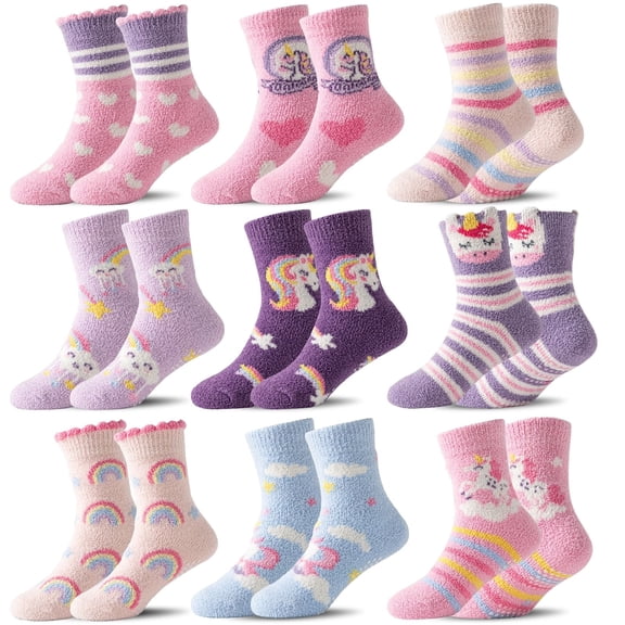 9 Pairs Kids Girls Toddlers Fuzzy Slipper Socks with Grips Non Slip Warm Fluffy Winter Thick Fun Cozy Hospital Socks