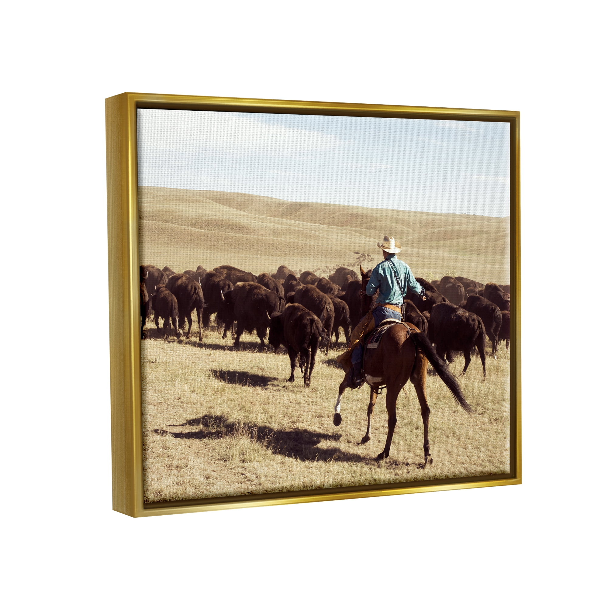 Stupell Industries Cowboy & Cattle in Desert Animals & Insects Photography Gold Floater Framed Canvas Art Print Wall Art, 21 x 17