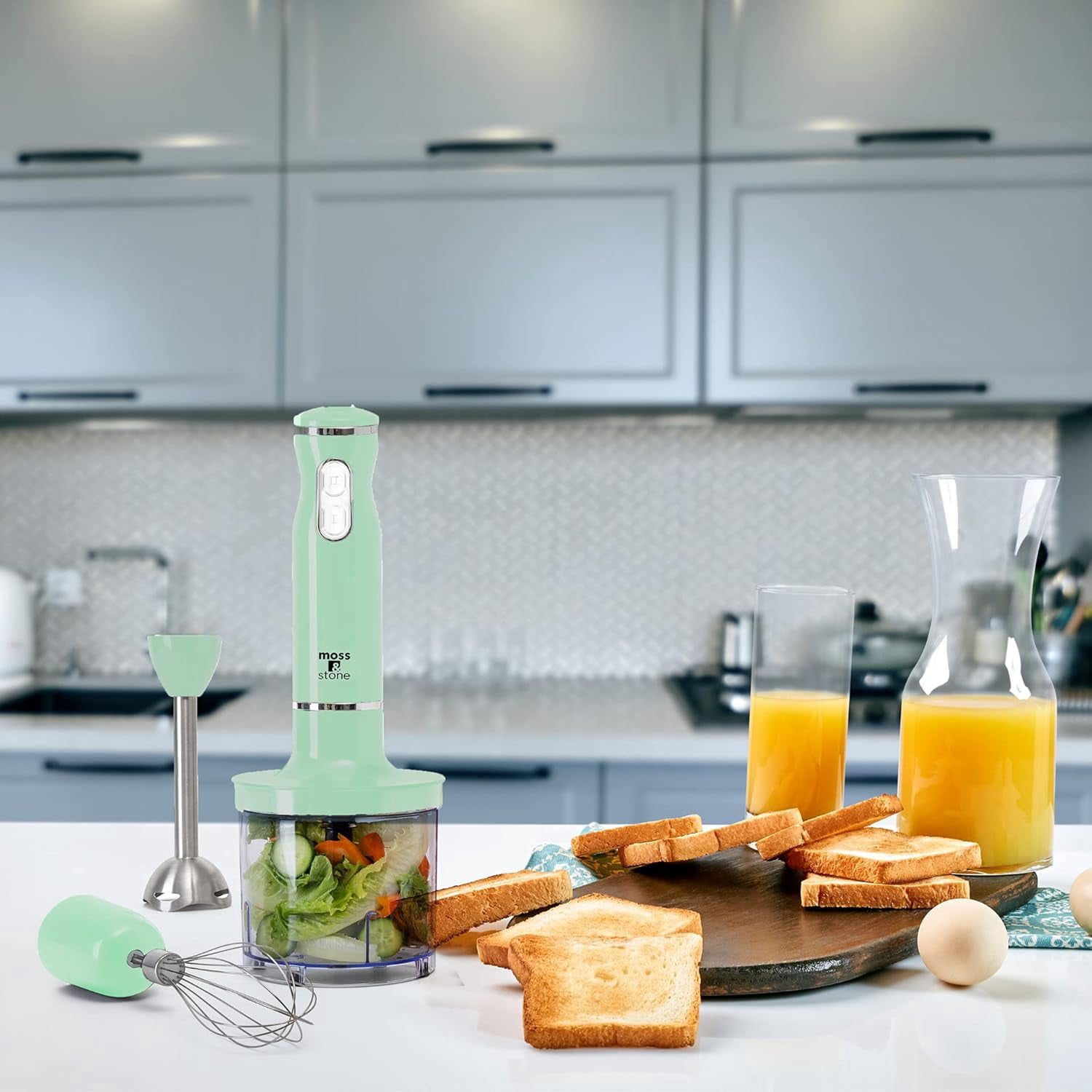 Moss & Stone Hand Blender Electric With Egg Whisk & Chopper, Powerful 300 Watt Stick Blender, Hand Mixer Set Stainless Steel Shaft & Blades, Handheld Blender With Ergonomic Handle