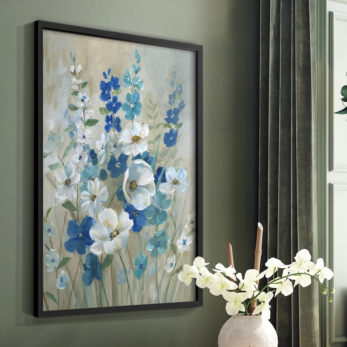 Blue Garden I Framed Print in Black Solid Wood Framed Print No Nail Hanging