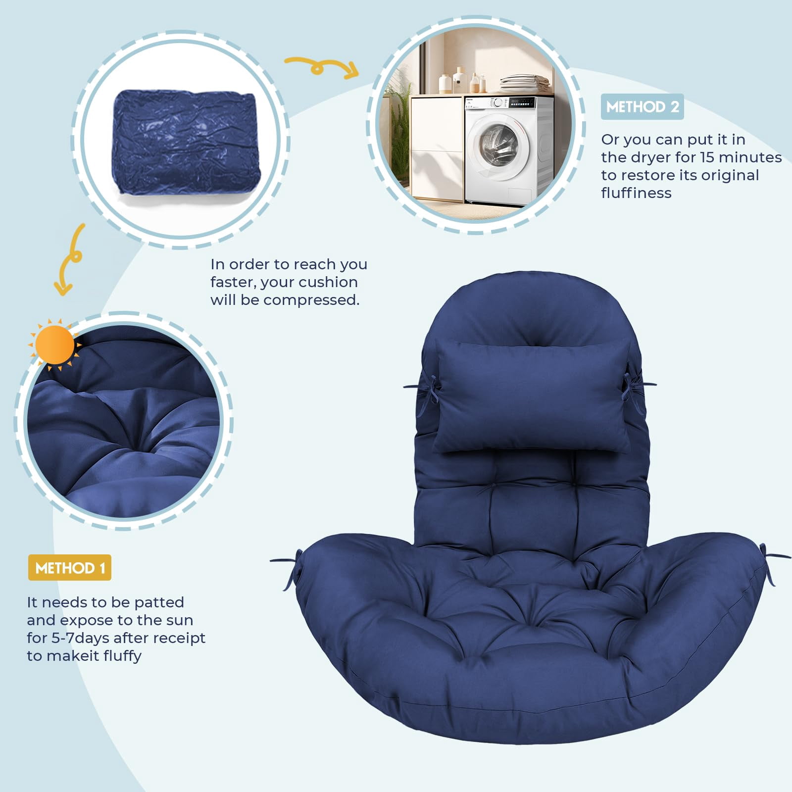 Outdoor egg Chair Cushion Replacement 51x37 Inch,Thicken Foldable Removable Waterproof Egg Chair Cushions with Headrest,Rocking Chair Cushions for Indoor Outdoor Patio Garden,Bule