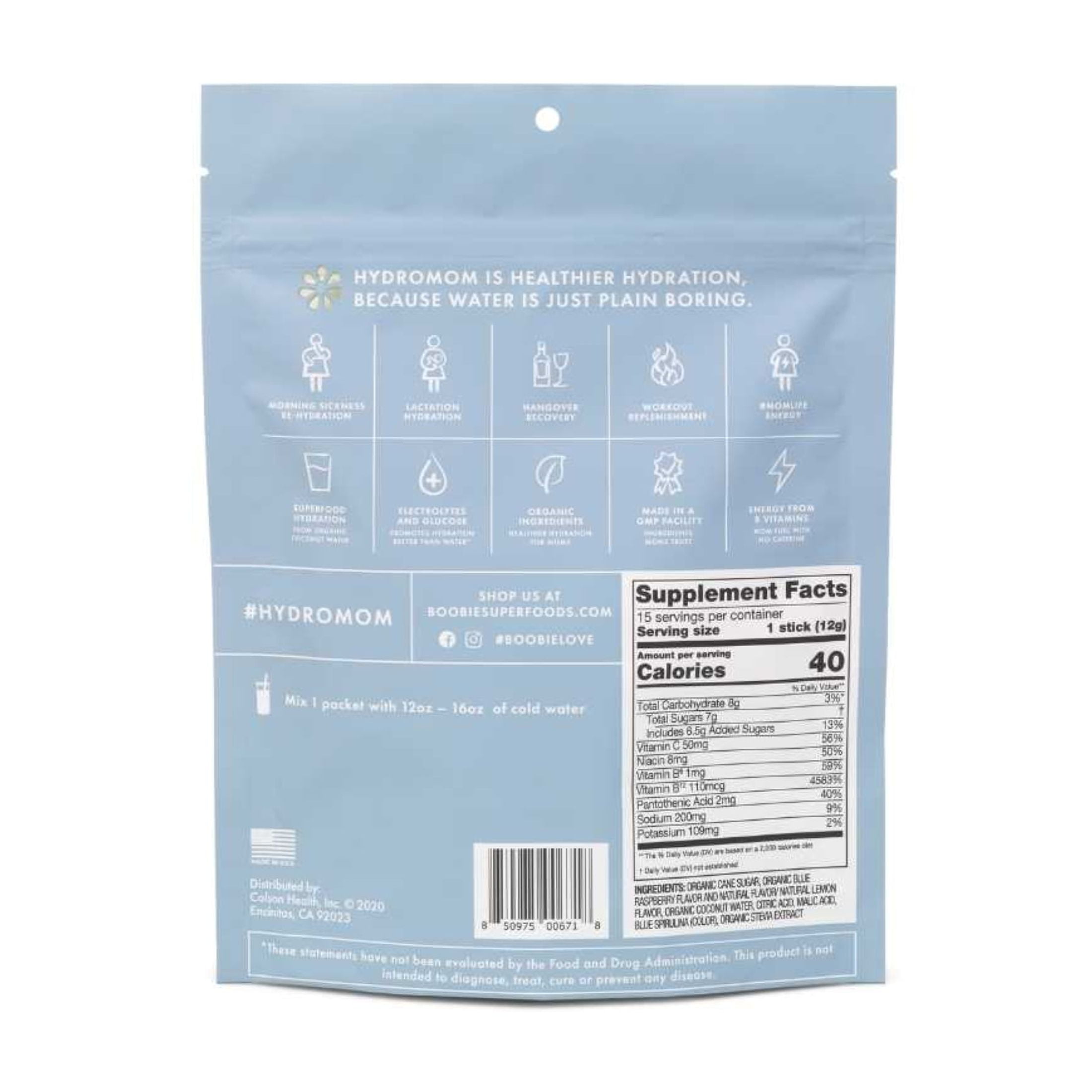 Boobie Hydromom Breastfeeding Supplement for Pregnancy and Lactation Drink Blue Raspberry Lemonade, 15 Count