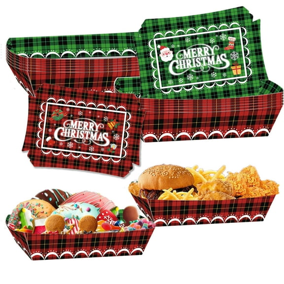 RXIRUCGD 12-Pack Christmas Themed Food Trays, Disposable Paper Snack Containers for Hot Dogs Popcorn and Party Treats, Festive Holiday Party Supplies with Seasonal Designs