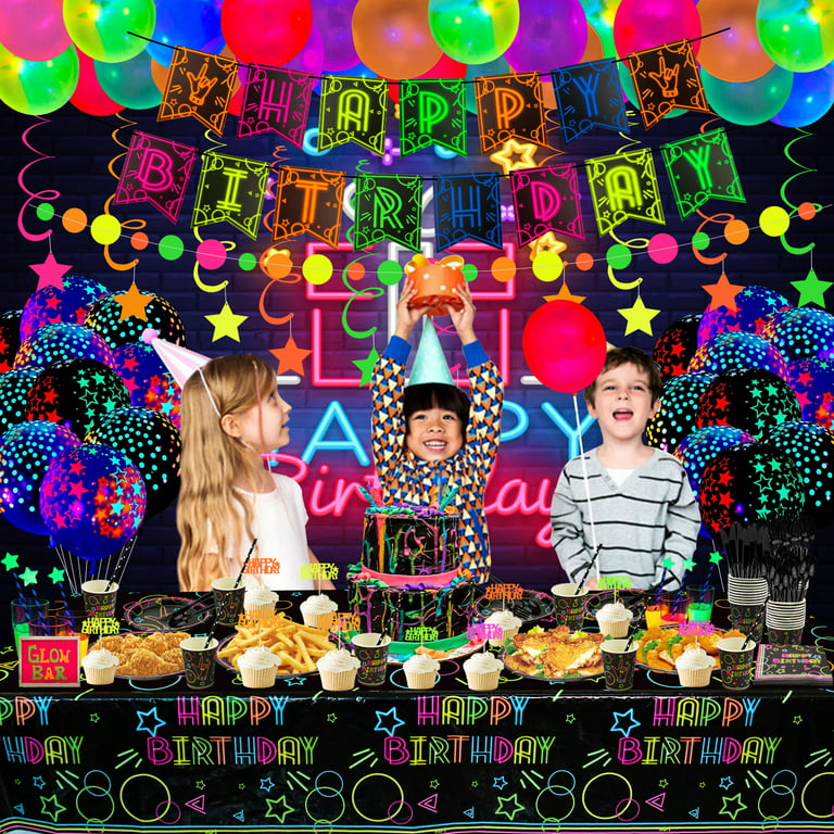 Neon Glow Party Supplies Glow in the Dark Happy Birthday Banner UV Black  Light Reactive Cake Topper Swirls Fluorescent Balloon - AliExpress