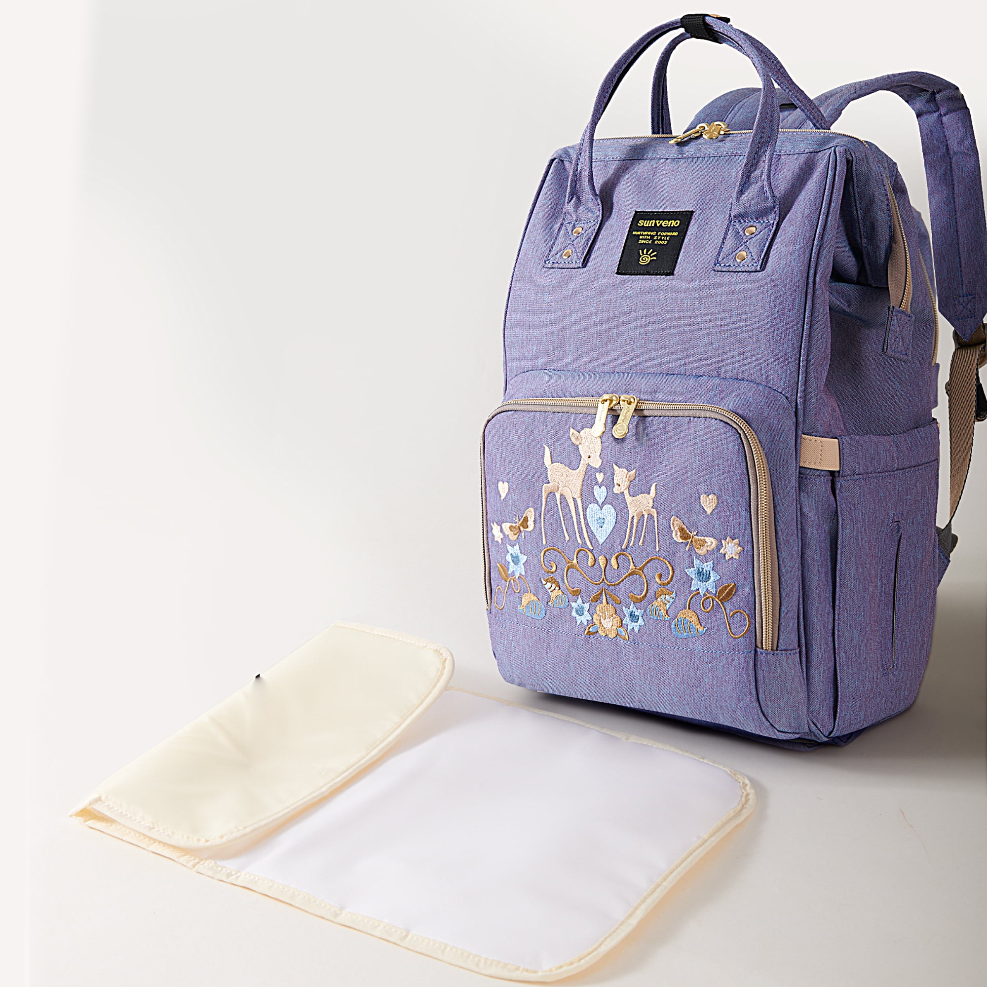 Sunveno Embroidered Backpack Diaper Bag Travel Backpack, Purple Deer