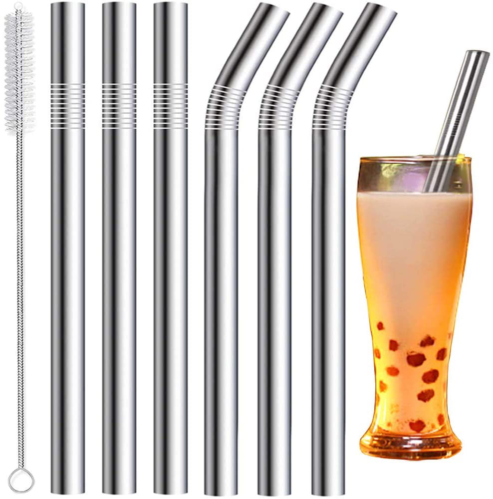 Milkshakes Straight Metal Straws for Boba Tea 2 Pcs Reusable Boba Straws & Smoothie Straws Smoothies with 1 Cleanning Brush & 1 Bag 0.5 Wide Stainless Steel Straws Silver 