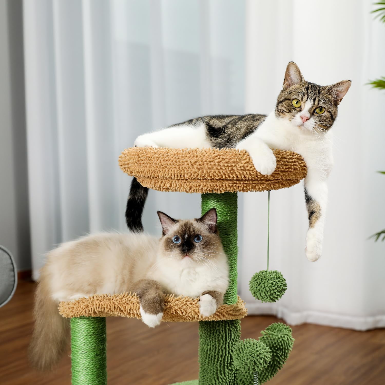 41" Tall Cactus Cat Tree Cat Tower with Sisal Scratching Post, Cozy Condo, Plush Perch & Soft Hammock - Ideal Indoor Cat Climbing Stand for Small and Medium Cats Green Brown