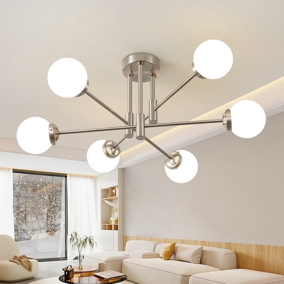 Deyidn Modern 6-Light Sputnik Chandelier with Milky White Glass Shades, 31 Inch Nickel Pendant Lighting for Dining Room