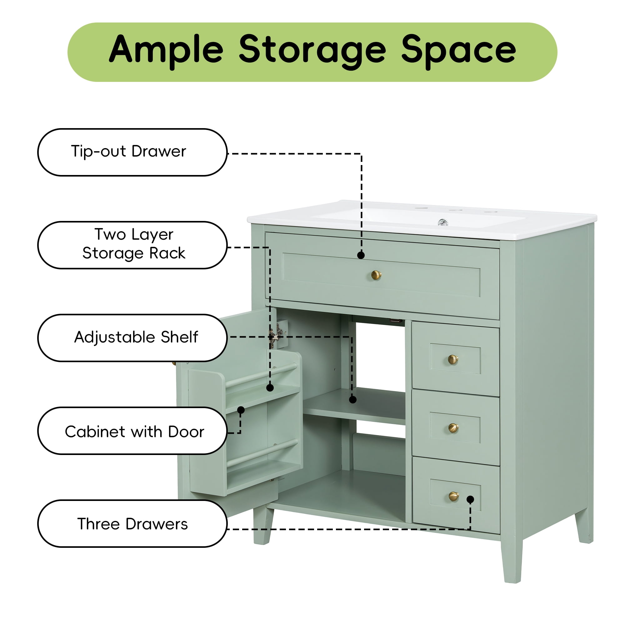 Anpport 30" Freestanding Bathroom Vanity with Sink, Modern MDF & Rubberwood Cabinet, 3 Drawers, Adjustable Shelf & Left‑Side Door, Light Green