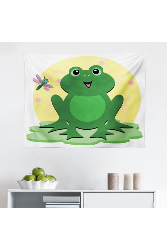 Frogs Tapestry, Whimsical Graphic Funny Animal with Peach Hand Sign, Fabric Wall Hanging Decor for Bedroom Living Room Dorm, 2 Sizes, Lime Green Baby Blue, by Ambesonne