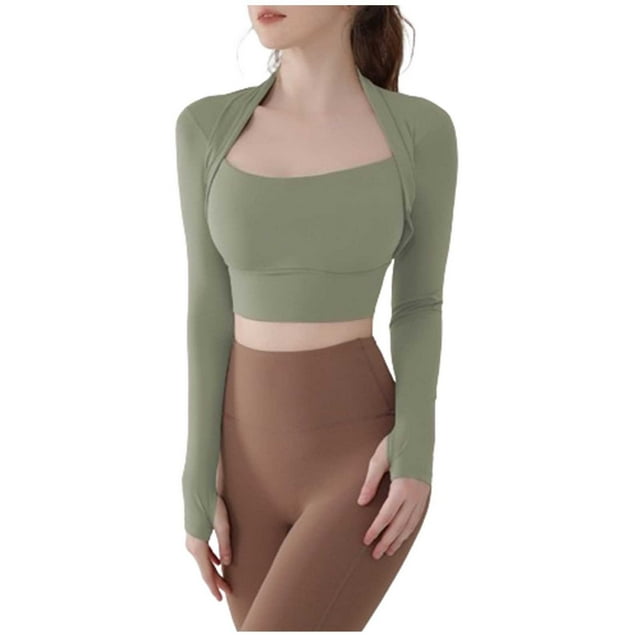 HVOBTTY T-shirt Sportif à Manches Longues pour Femmes, Haut de Sport Ajusté à Col Rond à Manches Longues pour Femmes, Décontracté Uni Faux 2 Pcs avec Coussinets de Poitrine, Vert, P