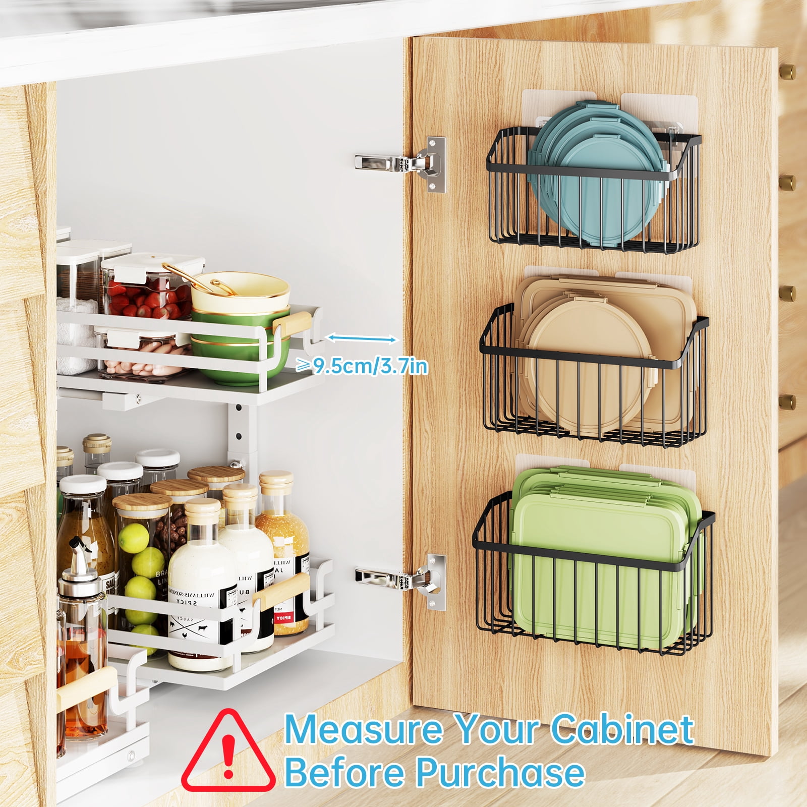 NiHome 3PCS Cabinet Door Lid Organizers & 2PCS Lid Holders, Adhesive or Screw Mount, 3 Sizes Rustproof Metal Baskets for Tupperware Lids, Tumblers, Spices, Toiletries, Under Sink or RV Storage(Black)