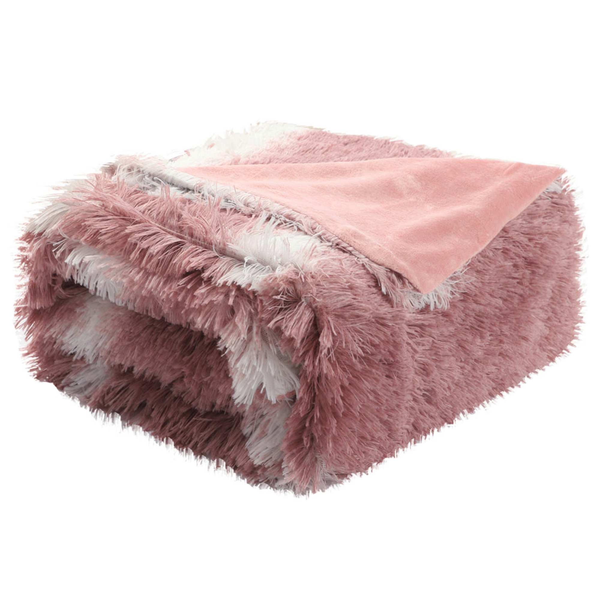 Reversible Soft Long Shaggy Plush Faux Fur Throw Blanket with Striped