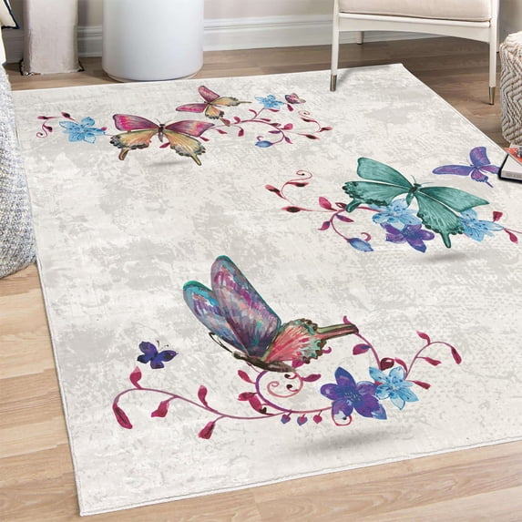 Butterfly Decorative Rug, Springtime Flying Moths on Vintage Style Background Wings Transformation, Quality Carpet for Bedroom Dorm and Living Room, 6 Sizes, Ceil Blue, by Ambesonne