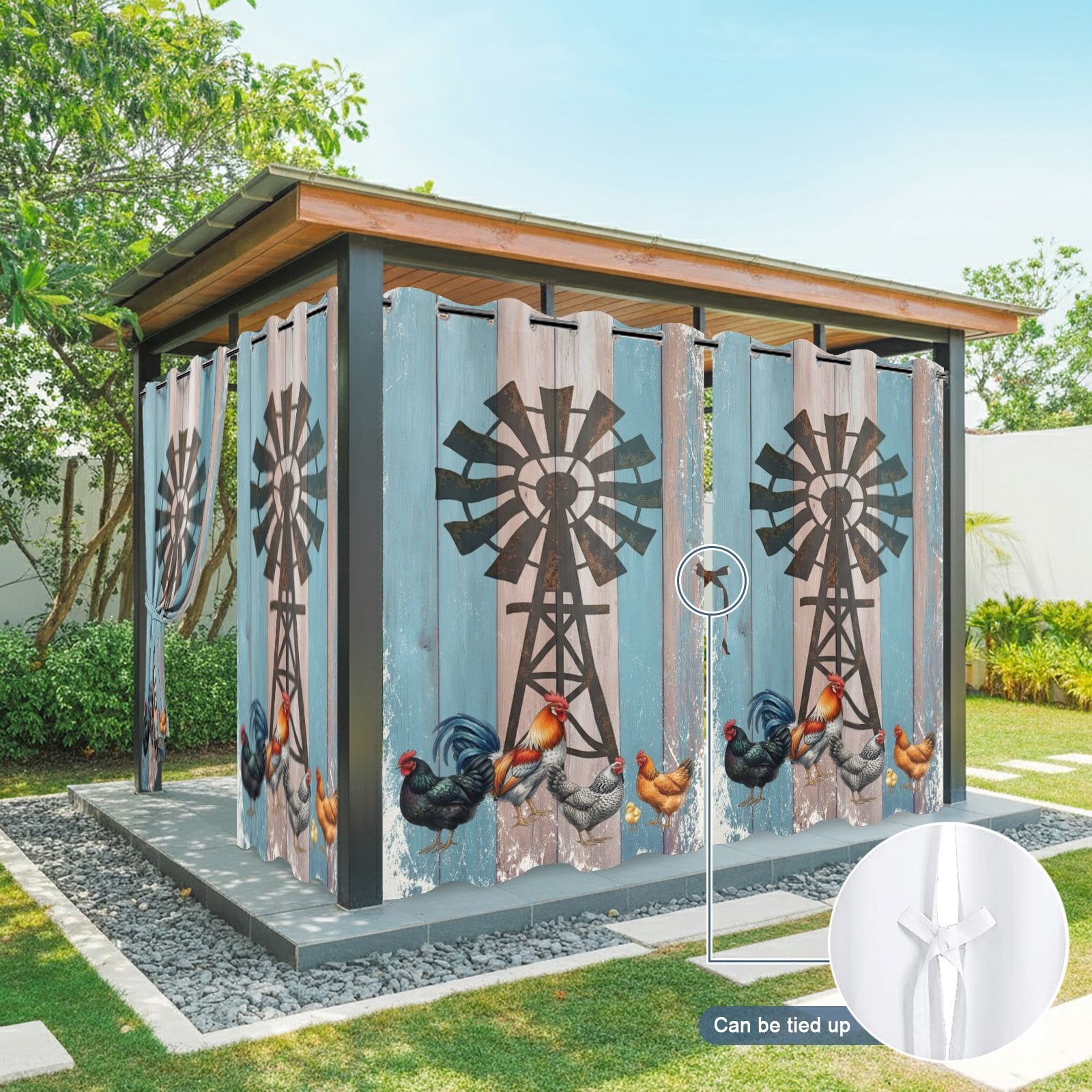 Rooster Hen Outdoor Curtains for Patio, Rustic Windmill Farmhouse Animal Wood Striped Country Sunshade Privacy Drapes Grommet Waterproof Outside Curtains for Porch/Cabana/Balcony 54"x 108", 1 Panel