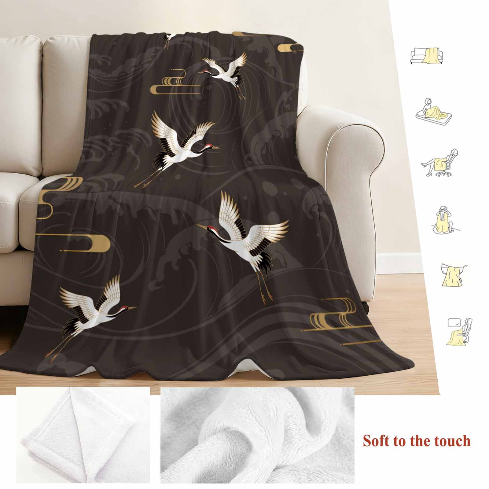Japanese Style Blanket Soft Cozy Warm Throw Blanket for Couch, Plush Fuzzy Flannel Fleece Blankets for Sofa, Vintage Cranes Ocean Wave Black Grey Bed Blankets Lightweight Gifts for Women, 32"x48"