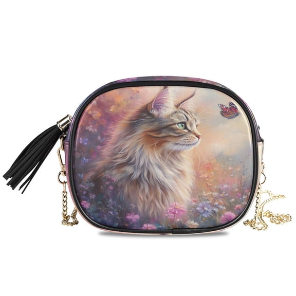 Womens Casual Chain Shoulder Bag Simple style Cat in A Flower Field Crossbody Bag