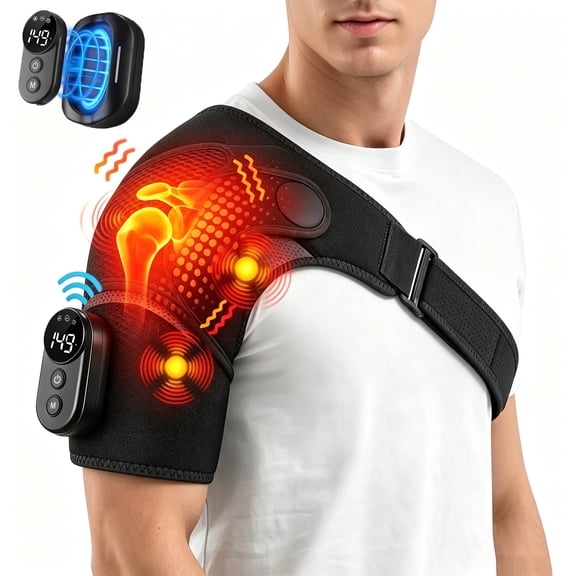 Heated Shoulder Wrap Brace with Massage, Cordless Shoulder Heating Pad with 5 Heat and 5 Vibration, Electric Shoulder Massager with Detachable Remote