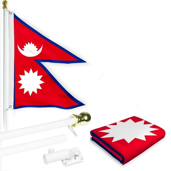 G128 Combo Pack: 6 Ft Tangle Free Spinning Flagpole (White) & Nepal Flag 3x5 Ft Printed 150D Polyester, Brass Grommets (Flag Included) Aluminum Flag Pole