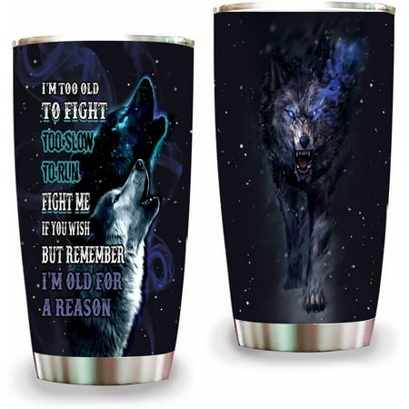 

Wolf Tumbler with Lid Double Wall Tumbler 20oz Travel Coffee Mug Wolf Gifts for Men Old Wolf Man Dad Tumbler Wolf Lover