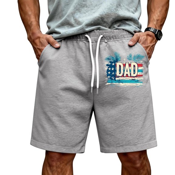 JULMCOMO Father's Day Men's Shorts DAD Letters Drawstring Red White Blue Loose 250 Anniversary USA Hawaiian Summer Shorts with Pockets Light Gray M