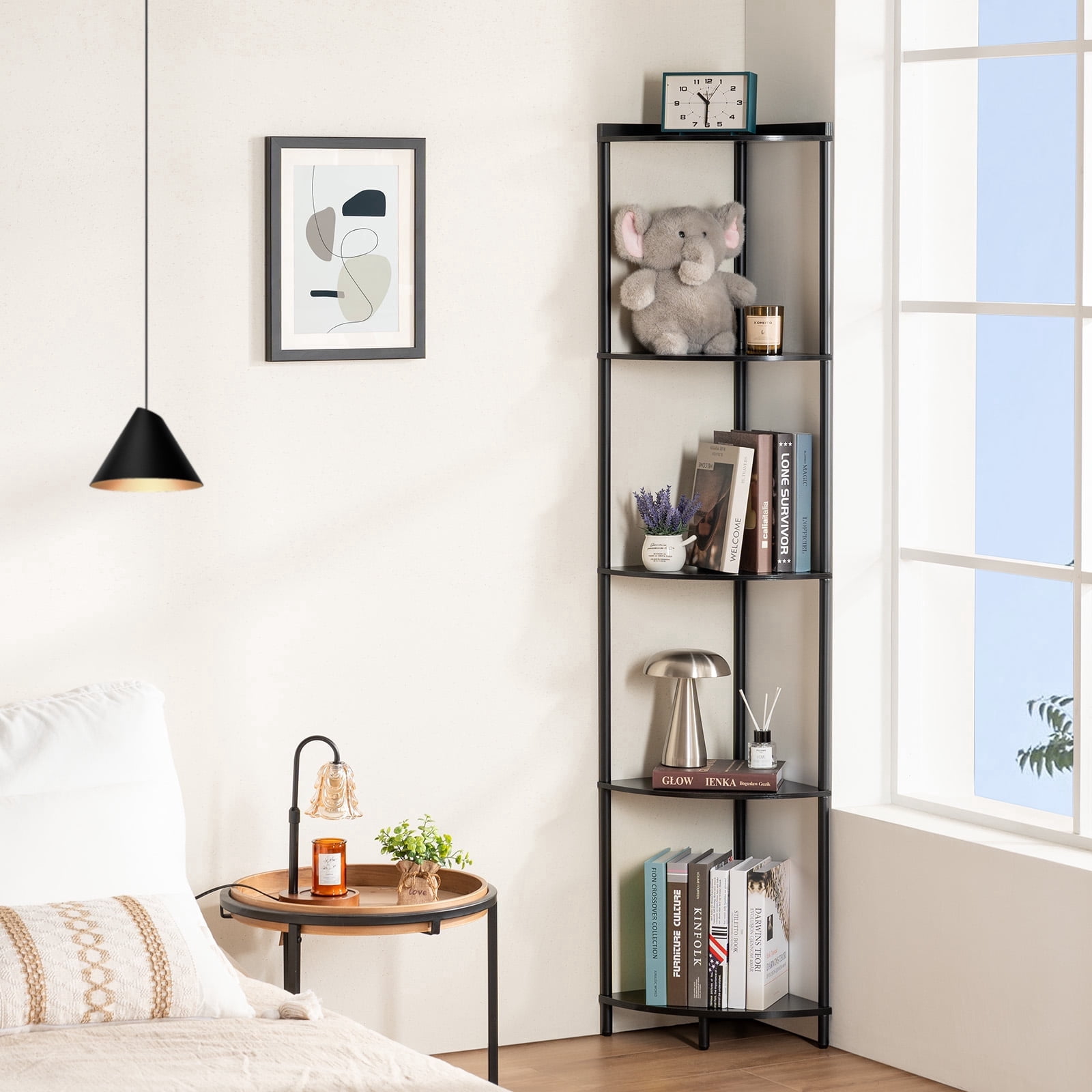 Corner Shelf Stand, 5-Tier Corner Shelves, 65" Wall Corner Bookshelf, Display Shelf Tall Shelf Plant Stand for Bedroom, Bathroom, Living Room, Black