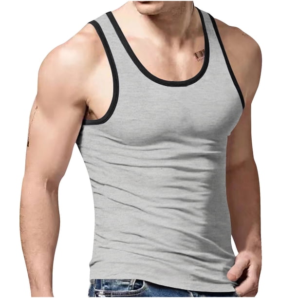 Hombres Camisetas de Verano de Punto de Raya Vertical Deportes de Fitness Cuello Redondo Camiseta