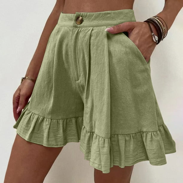 Womens Summer Shorts Casual Solid Color High Waist Wide Leg Ruffle Short  Pants Ladies Loose Yoga Shorts 