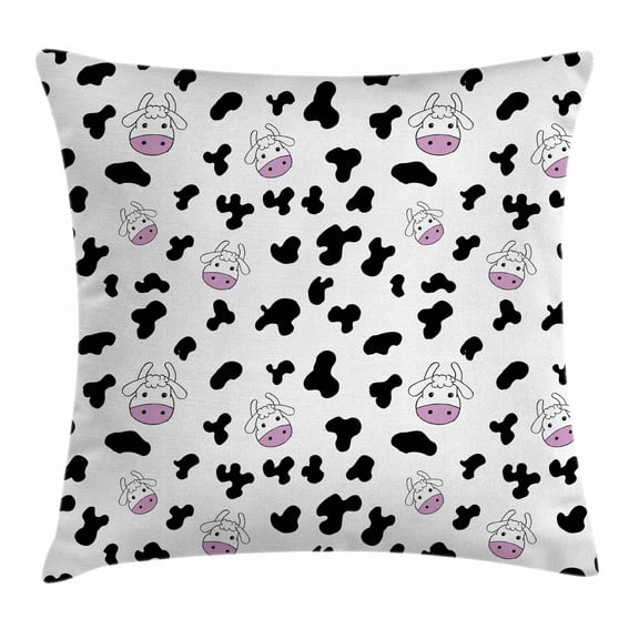 Cow Print Throw Pillow Cushion Cover, Animal Cow Hide Pattern Doodle Cartoon Children Drawing Farming Husbandry, Decorative Square Accent Pillow Case, 24 X 24 Inches, Black White Pink, by Ambesonne